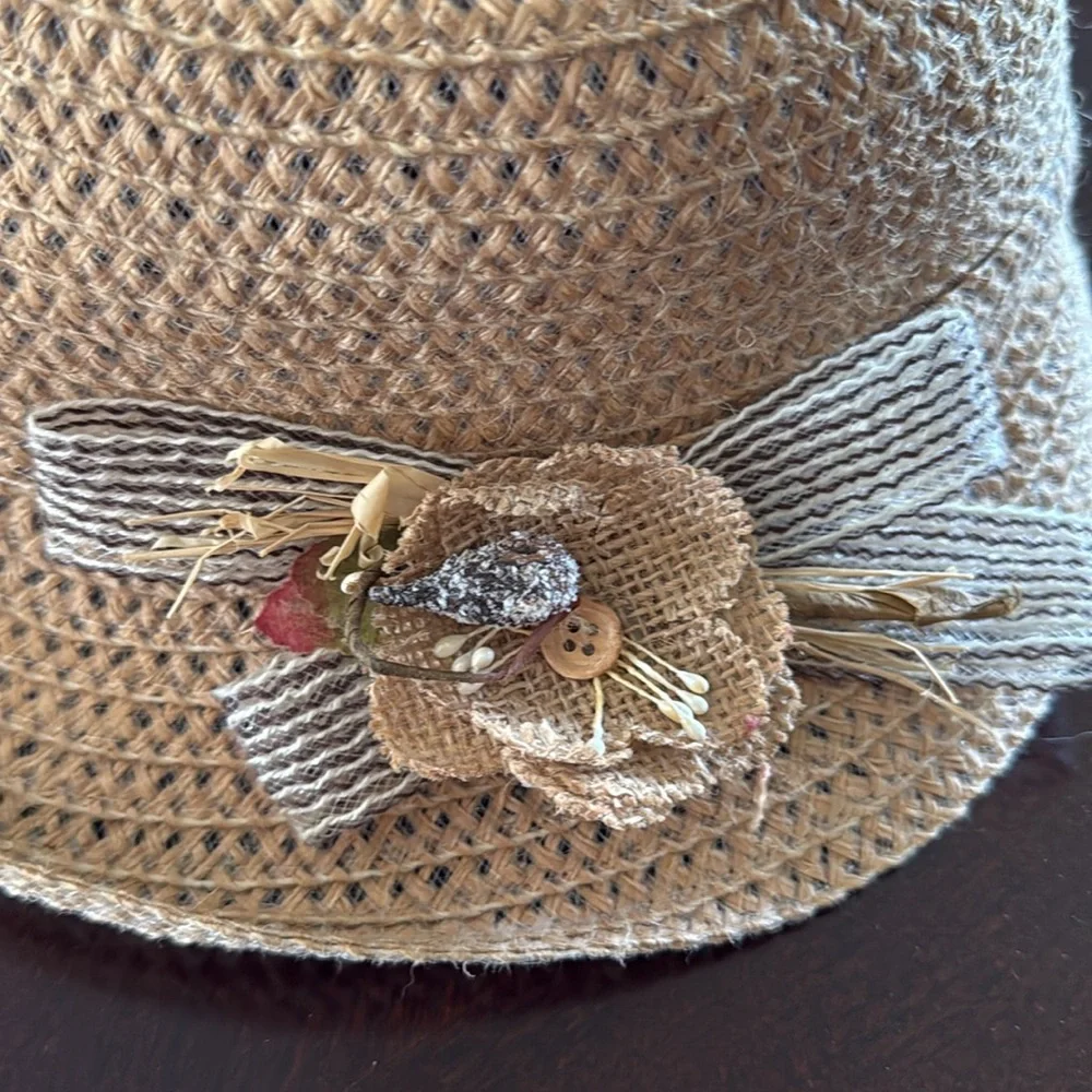 Summer Hat With Burlap/Ribbon Flower At The Side